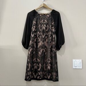 Adrianna Papell Black and Nude Lace Dress with Black Sheer Sleeves size 6